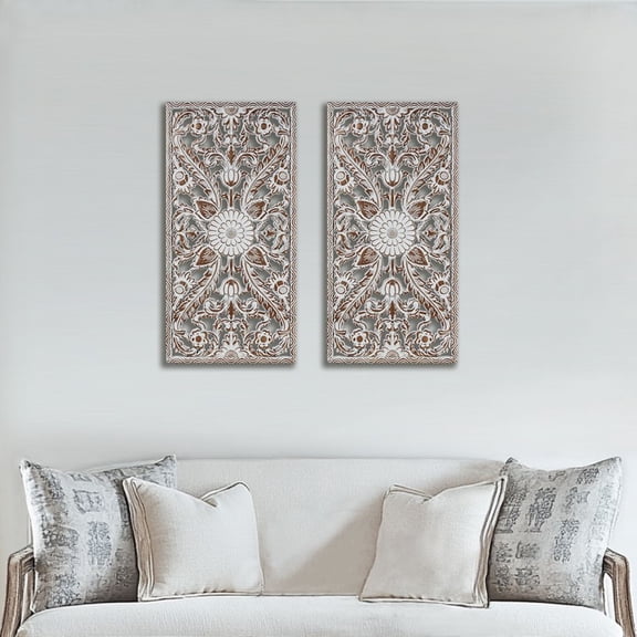 2 PCS Botanical Panel Distressed Carved Wood Wall Decor Set