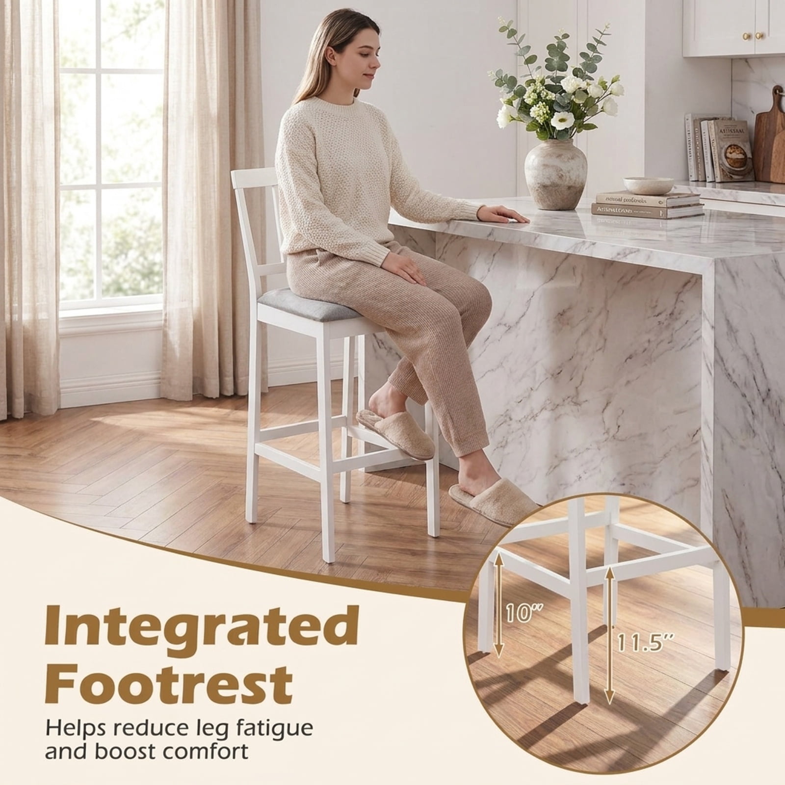 Furnibear Set of 2 Upholstered Barstool 29.5 Inch Bar Height with Solid Rubber Wood Frame for Kitchen Island Counter Bar Pub Dining Home, White