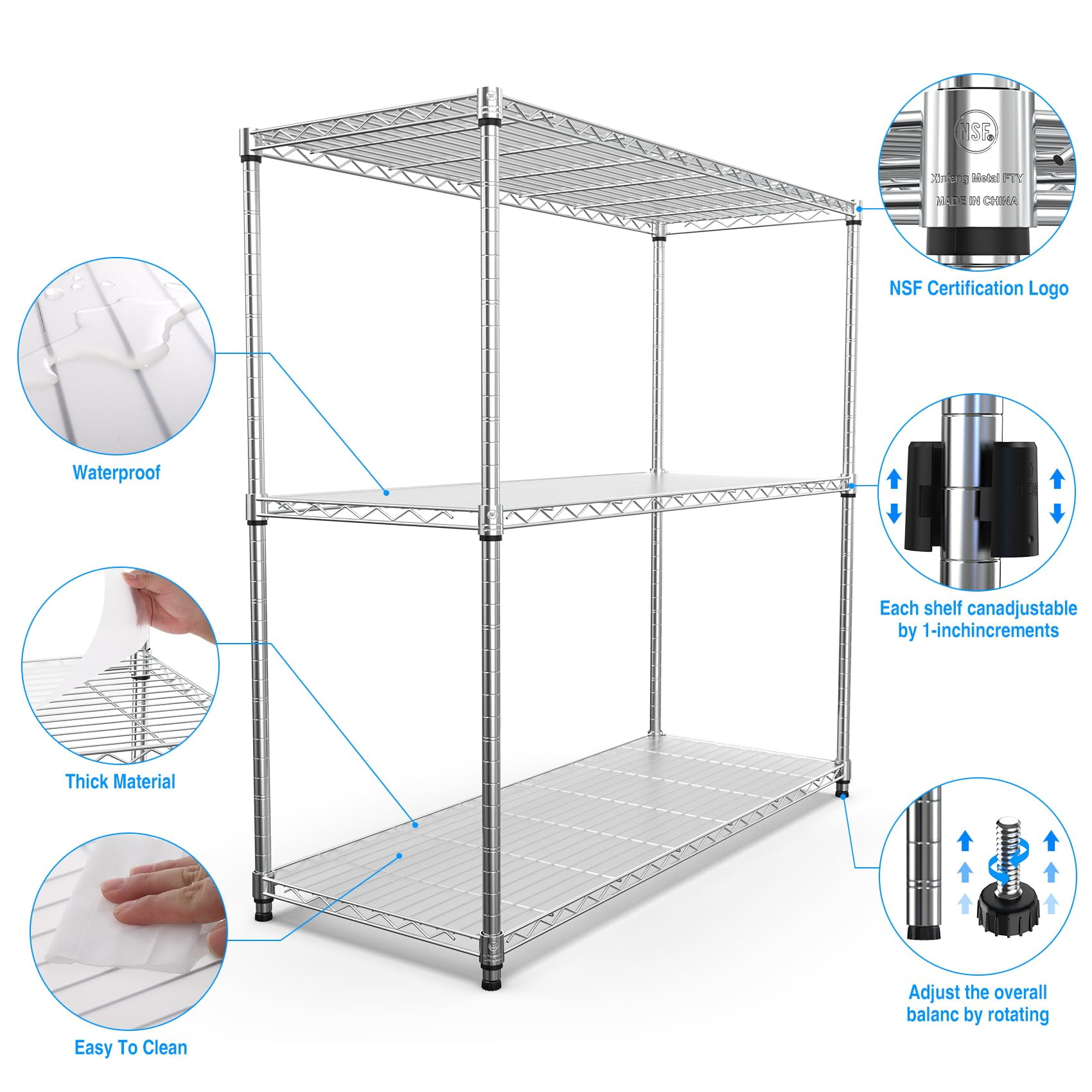 Pouseayar 3 Tier NSF Metal Shelf Wire Shelving Unit, 1050lbs Capacity Heavy Duty Adjustable Storage Rack with Shelf Liners 48" H X 48" L X 18" D