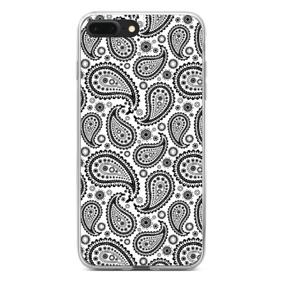 DistinctInk Clear Shockproof Hybrid Case for iPhone 7 PLUS / 8 PLUS (5.5" Screen) - TPU Bumper, Acrylic Back, Tempered Glass Screen Protector - Black & White Paisley