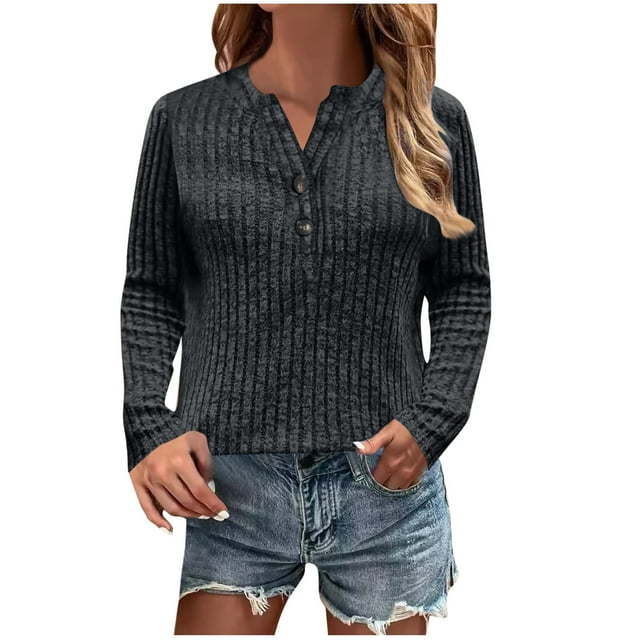 VSSSJ Sweaters for Women Button Up V Neck Long Sleeve Tops Pullover Ribbed Knitted Casual Loose Fall Blouse Tops Black M