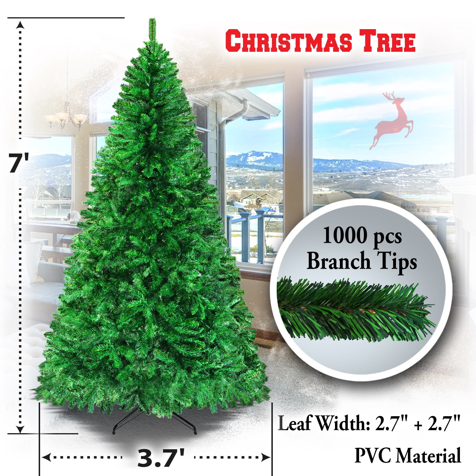 Sunrise 4 Sizes Artificial Christmas Tree w/Metal Stand,Easy Assembly, Green (7 Ft)