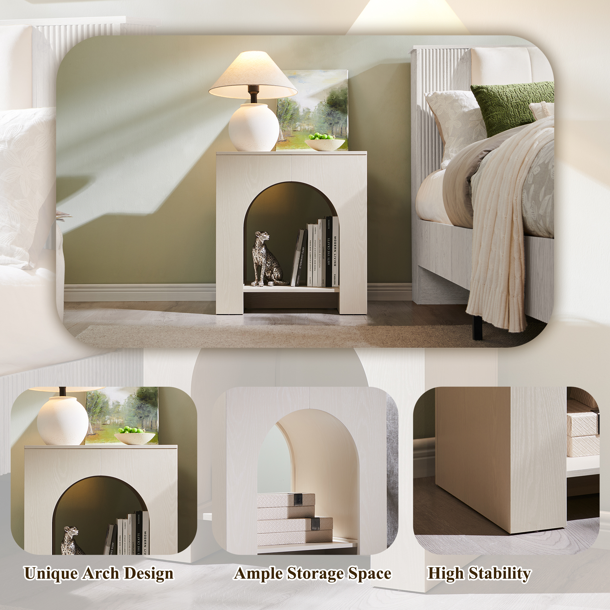 SinCiDo Modern Arched Nightstands Set of 2 with Charging Station, Bedside Table with Open Shelf Storage for Bedroom, Living Room