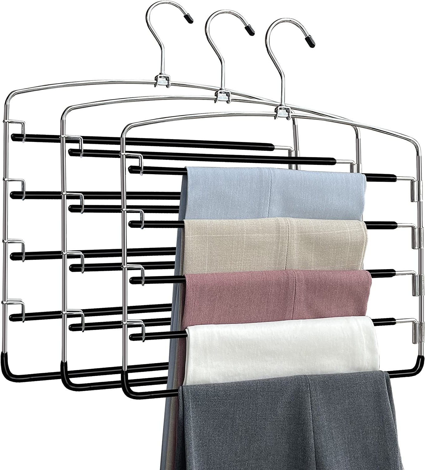 Happon 3 Pack Pants Hangers Space Saving, 5 Layer Tiered NonSlip Metal