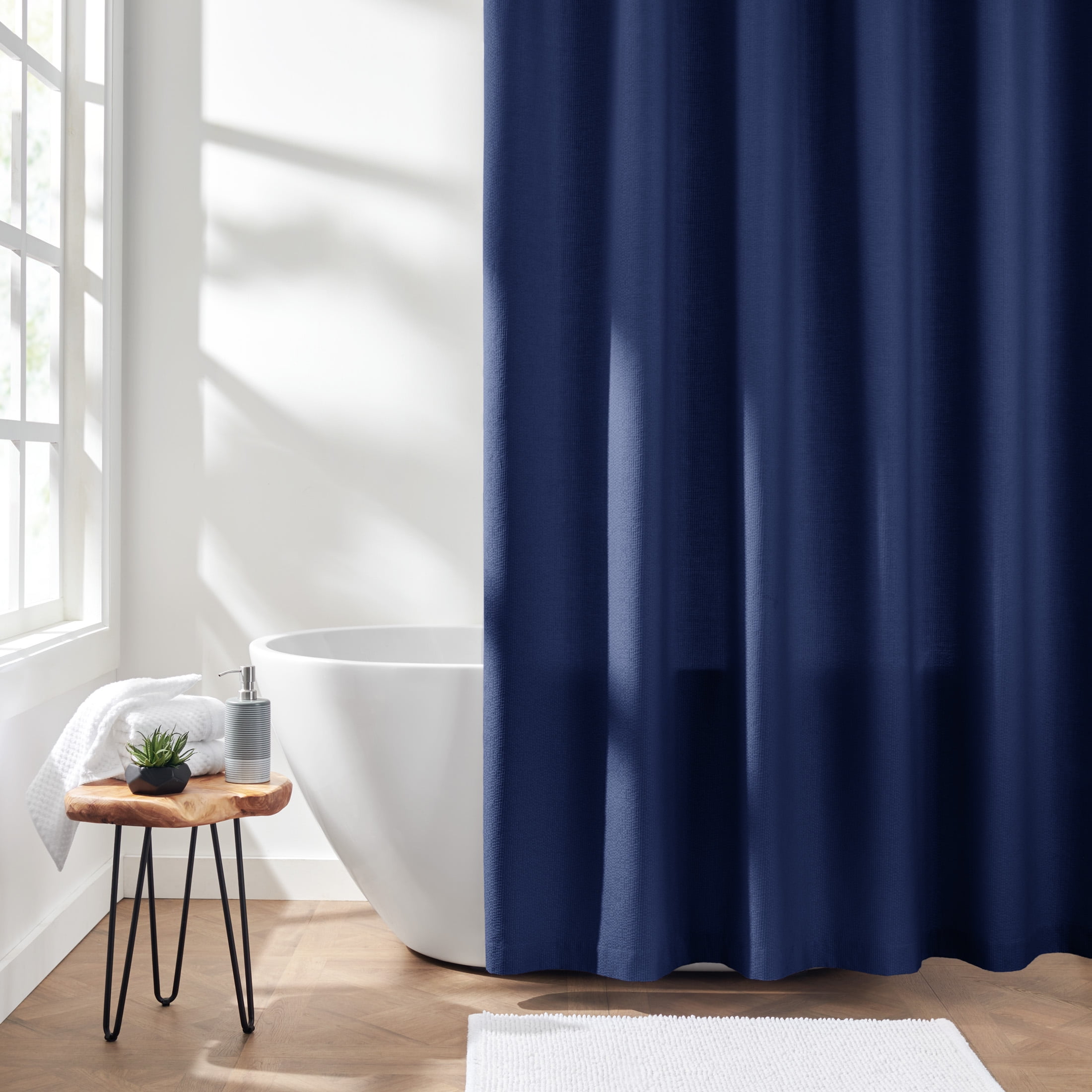 Gap Home Stitch Effect Organic Cotton Shower Curtain, Navy, 72'x72'