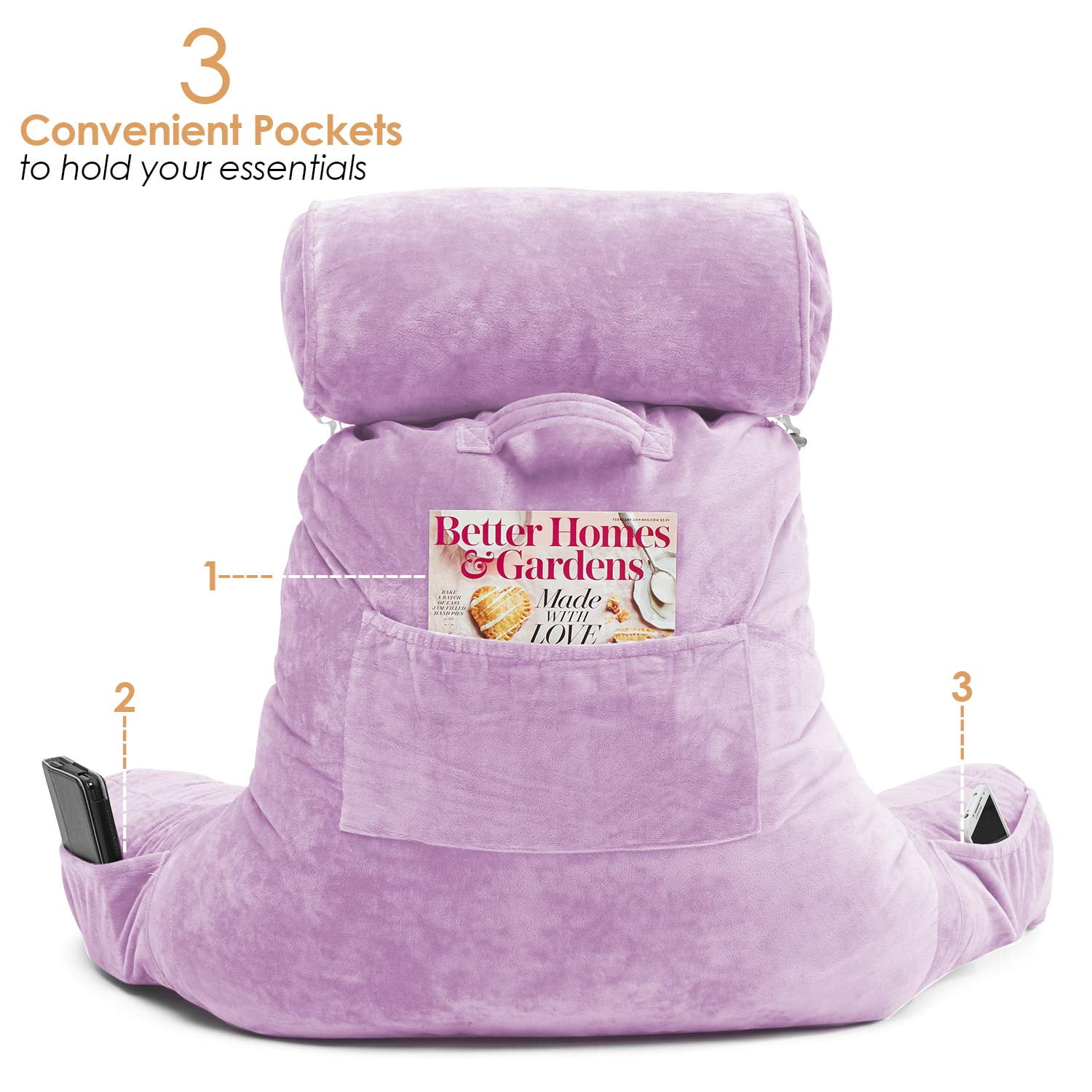 Clara Clark Bed Rest Reading Pillow with Arms and Pockets - Premium Shredded Memory Foam TV Pillow, Detachable Neck Roll & Lumbar Support Pillow, Large, Light Purple