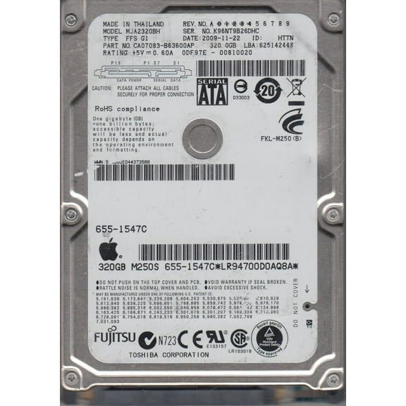 MJA2320BH FFS G1, PN CA07083-B63600AP, Fujitsu 320GB SATA 2.5 Hard Drive