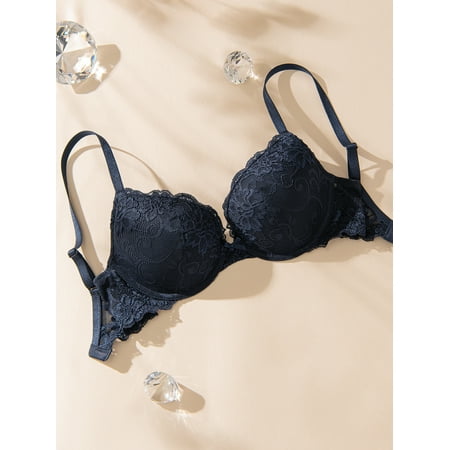Deyllo Women s Lace Push Up Padded Plunge Add Cups Underwire Lift Up Bra  Navy Blue 34A