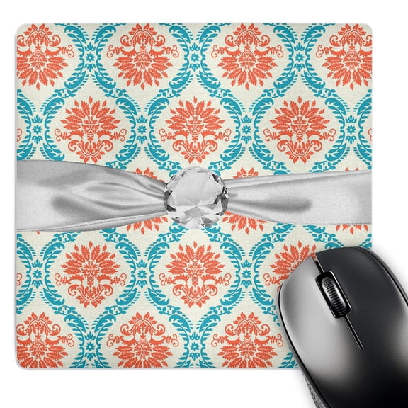 3dRose, Tangerine Orange And Aqua Blue Ornate Damask Faux Diamond Ribbon, MousePad