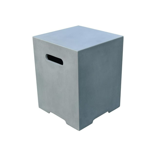 Smooth gray square propane tank cover made from glass-fiber reinforced concrete featuring a side handle slot.