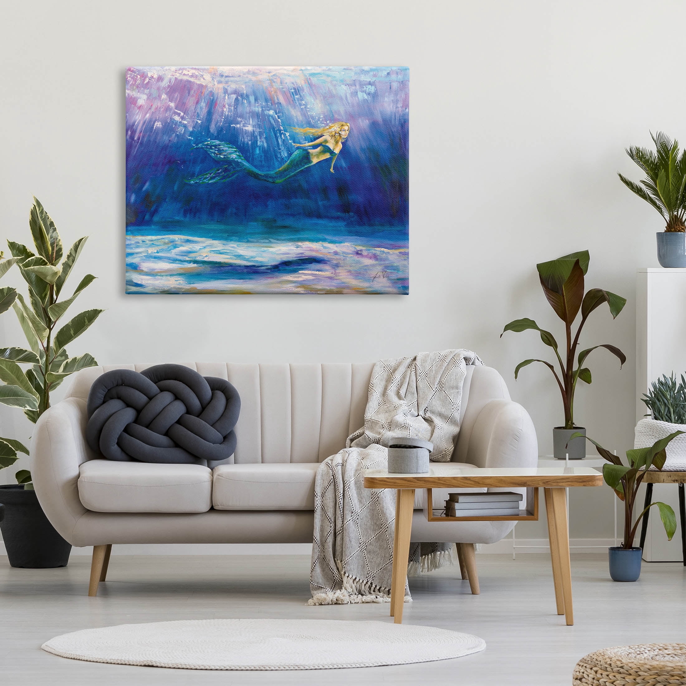 Stupell Industries Mermaid Swimming Deep Blue Ocean Water Painting Gallery Wrapped Canvas Print Wall Art, Design by Jeanette Vertentes