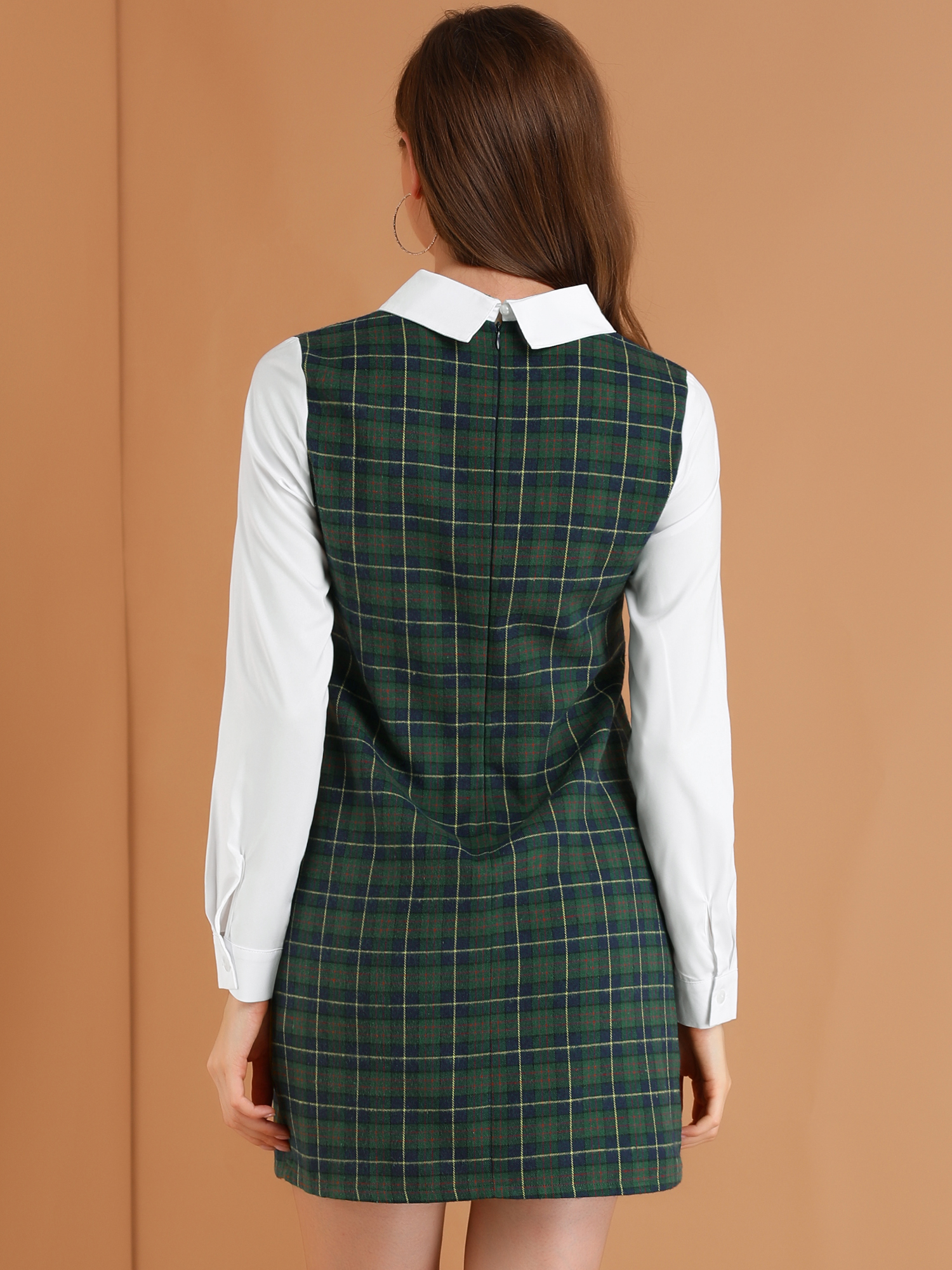 DARING DIVA Plaid Peter Pan Collar Long Sleeve Check Shift Dress 2XL Green Blue