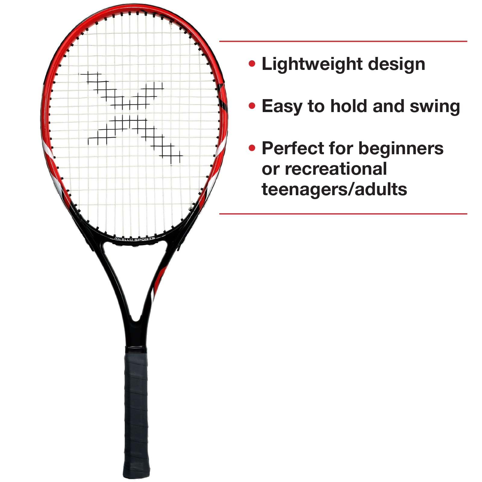 Xcello Sports 2-Player Aluminum Youth Tennis Racket Set, Includes Two 27" Tennis Rackets, 6 All Court Balls and 2 Carry Cases, Tennis Racket Adult, ‎Red/Black