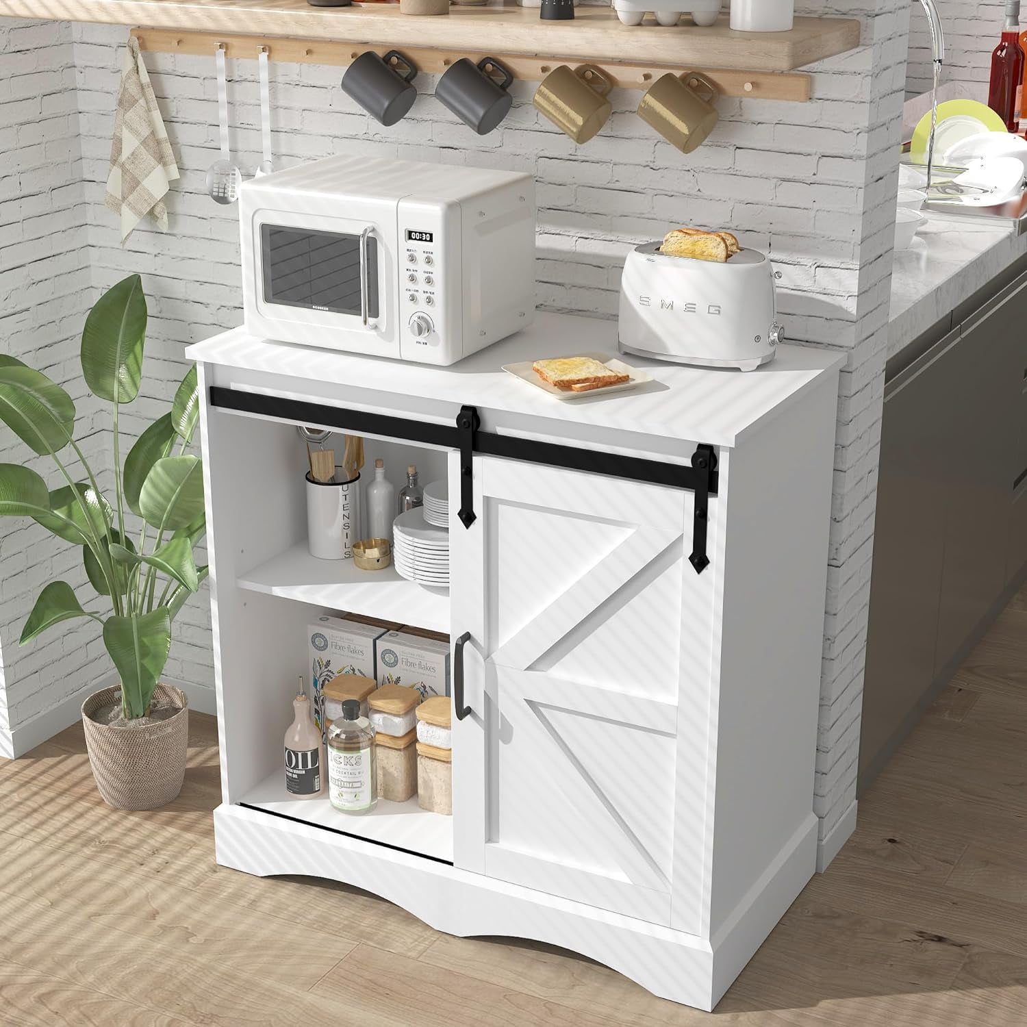 Chvans 31.5" Farmhouse Coffee Bar Cabinet with Storage, Aquarium Stand Fish Tank Table, White Kitchen Sideboard Cabinet with Sliding Barn Door, for Living Room, Entryway