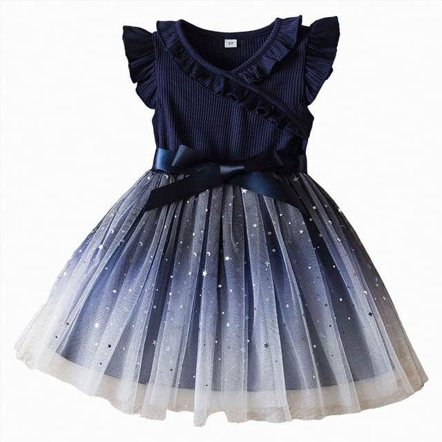 NIEWTR Robe Tutu à Volants à Étages pour Filles, Fête d'Anniversaire, Demoiselle d'Honneur, Mariage, Tout-Petit, Robe de Gala Formelle (Bleu, 4-5 Ans)