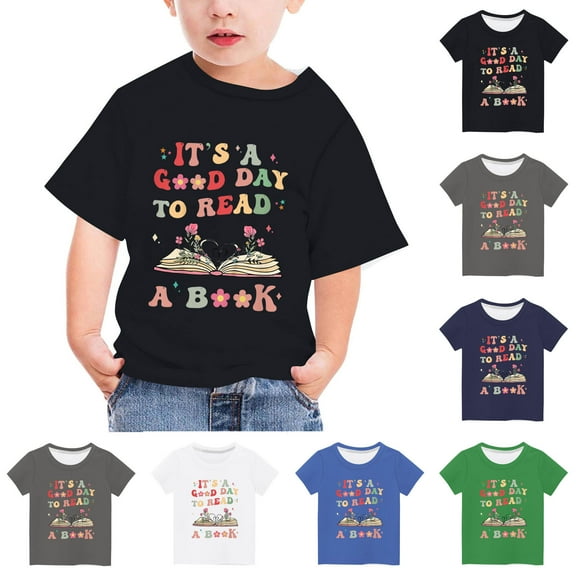 Zwiiyzr Summer Shirts for Girls and Boy Toddler Kids "It'S A Good Day To Read A Book" Short Sleeve Round Neck Tee for 3-14 Years Green
