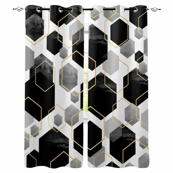 Fsddascl Black Grey Blackout Curtains for Bedroom/Living Room, Thermal Insulated Kitchen Curtains, Geometric Gold White Hexagon Modern Grommet Darkening Window Treatment Drapes 42"x84"x2