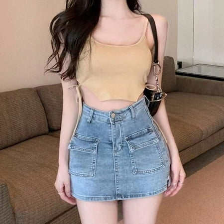 AnQingLueLv Korean Sexy Jeans Skirt Women High Wiast Slim Pocket Patchwork Split Bag Hip Denim Mini Skirt with Shorts Casual Summer