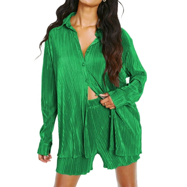 TheFound Women Casual 2 Pcs Clothes Set Solid Color Ruched Long Sleeve Button Down Shirts with Shorts Suit