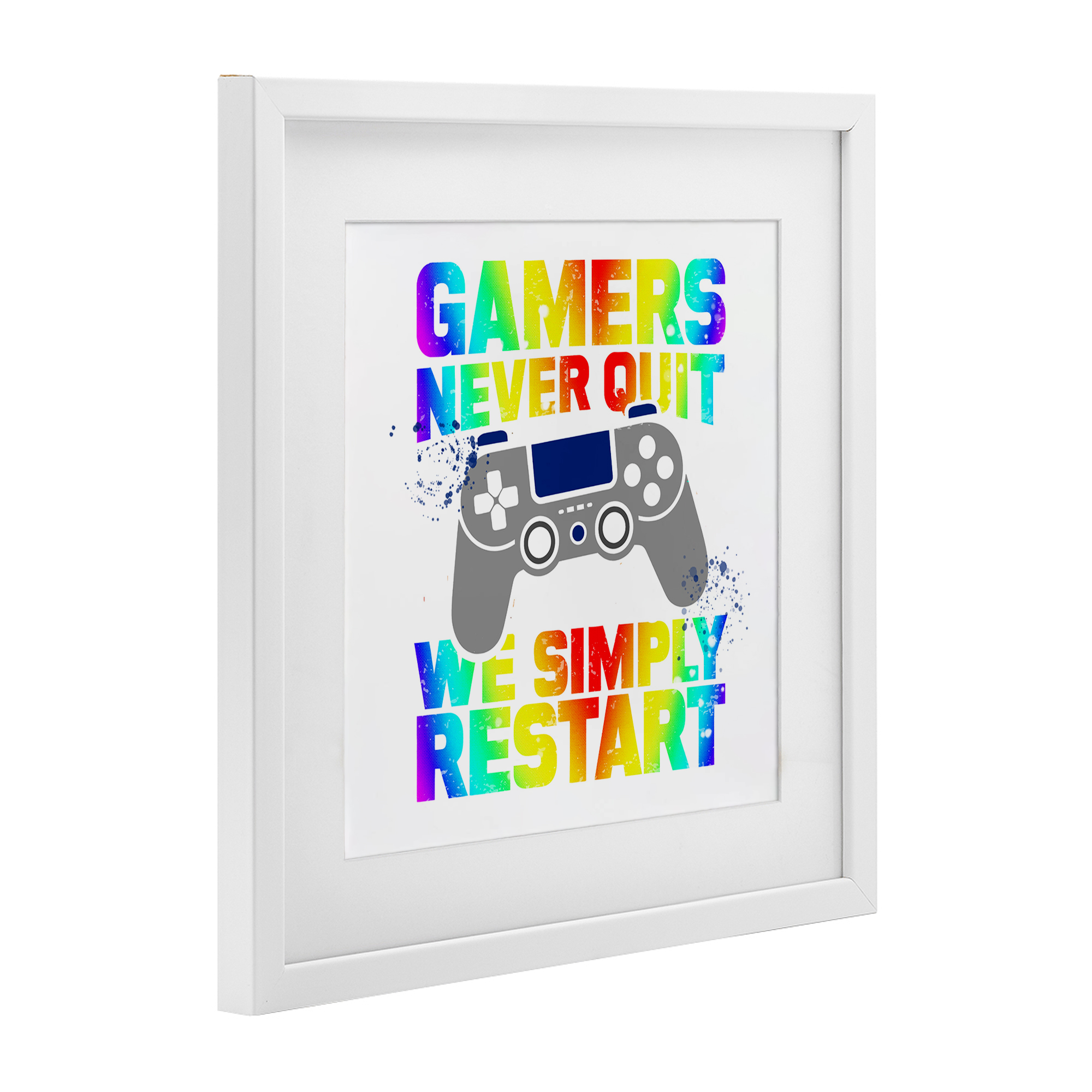 Rainbow Gamers Never Quit White Framed Print Under Glass, design by Kim Allen