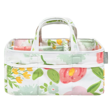 100% Cotton Floral Diaper Storage Caddy in Pink, Tonal Greens, Yellow and White