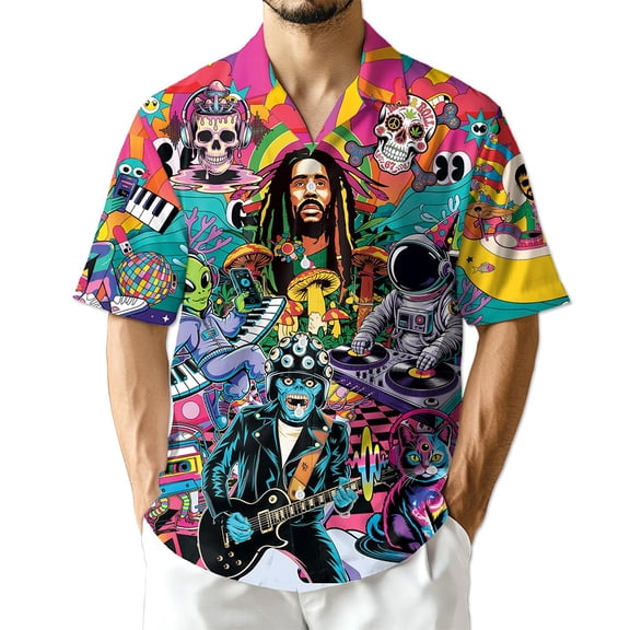 Netecom Hippie Music Hawaiian Shirt for Men Women, Musical Instruments Button Down Summer Beach Short Sleeve Shirts, S-5XL