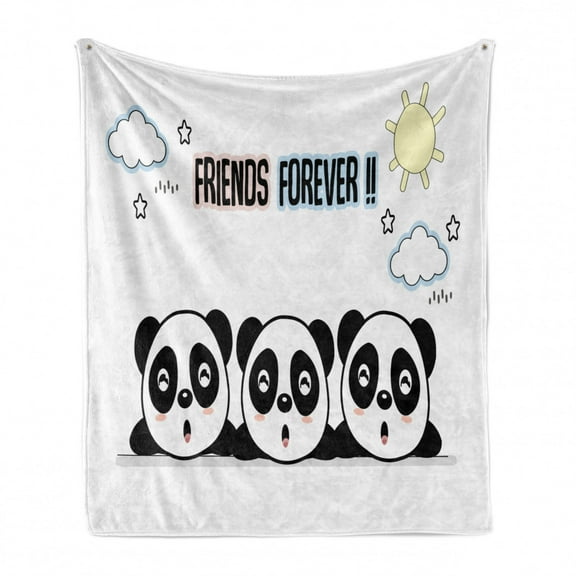 Friends Forever Soft Flannel Fleece Throw Blanket, Calligraphic Design of 3 Pandas, Cozy Plush for Indoor and Outdoor Use, 70" x 90", White Multicolor, by Ambesonne