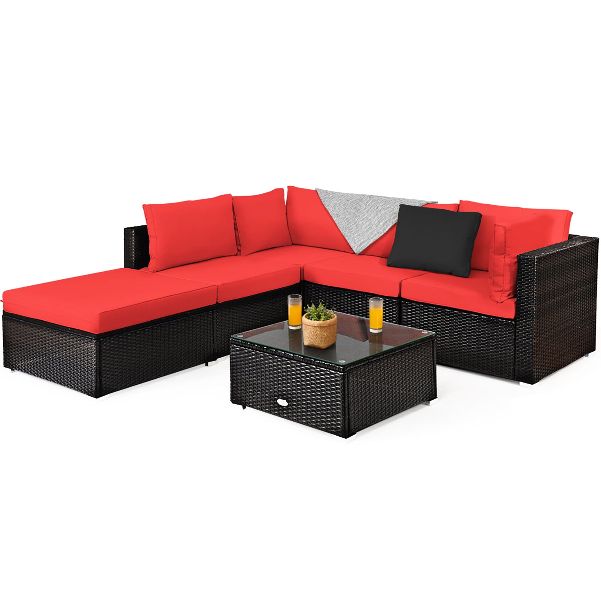 6PCS Outdoor Patio Rattan Furniture Set Cushioned Sectional Sofa Red