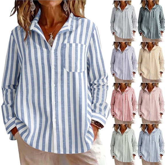 WCMZJ Women's Striped Botton Down Shirts Collared Long Sleeve Loose Fit Curved Hem Casual Blouse Tops with Patch Pocket