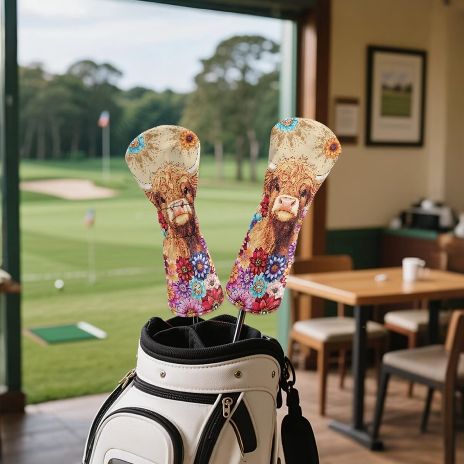 Uorisanigo Golf Club Head Covers Set - PU Leather Boho Floral Highland Cow Golf Club Covers for Driver, Woods and Hybrid, Premium Lightweight Head Cover with Anti-Scratch Protection