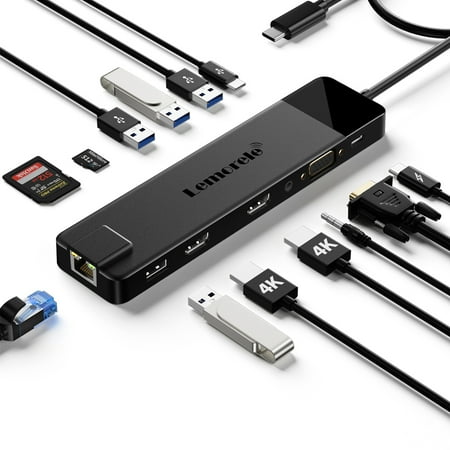Lemorele 13-in-1 USB C Hub Multiport Adapter with 4K 2 HDMI Output VGA RJ45 Ports 100W Power Delivery