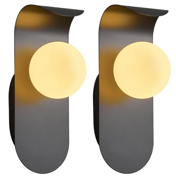 LMQNINE Modern Black Wall Sconce,Set of 2 Glass Globe Arc Lamps with White Shade,Hardwired Wall Light for Living Room,Bedroom,Hallway
