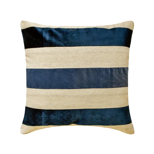 The HomeCentric Decorative Throw Pillow cover Navy 12"x12" (30x30 cm) Velvet & Linen Patchwork, Striped Pillow Case, Striped Modern Style - Velvet Band Navy
