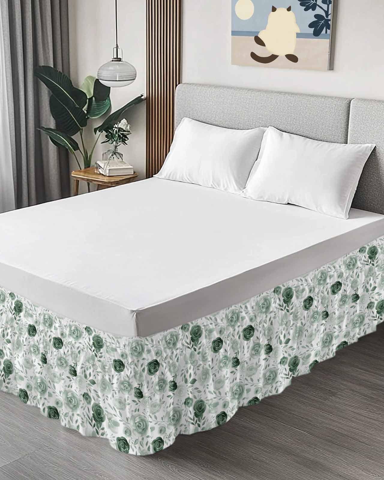 Sage Green Flower Wrap Around Bed Skirts for Queen Bed 16" Drop,Bed Skirt with Adjustable Elastic Belt Dust Ruffle Bed Valance for Bedroom Hotel Vintage Rose Floral Botanical Leaf Bed Frame Cover