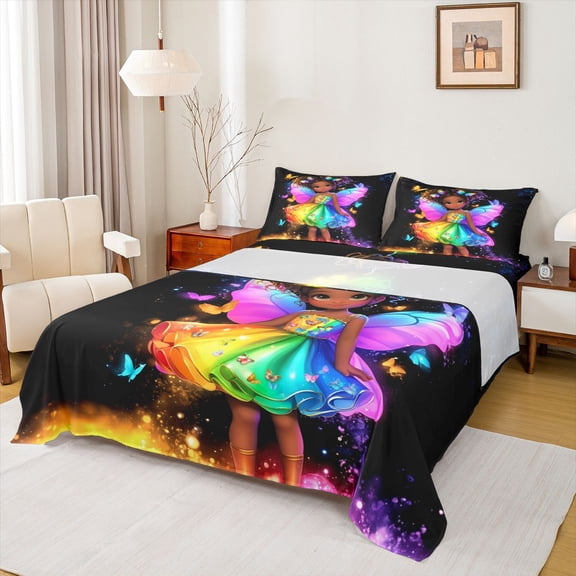 Feelyou Dreamy Black Princess Full Size Sheets, Kawaii Angel Fairy Elf Bed Sheets, Magic Butterflu Animal Sheet Sets, Ultra Soft Bedroom Decor, 4pcs