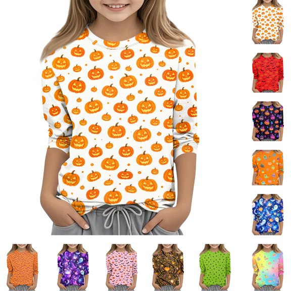Grblisyd Girls Shirts Size 10-12 Halloween Crewneck 3/4 Sleeve Tops Tees Summer Casual Fashion Pumpkin Ghost Print Tshirt