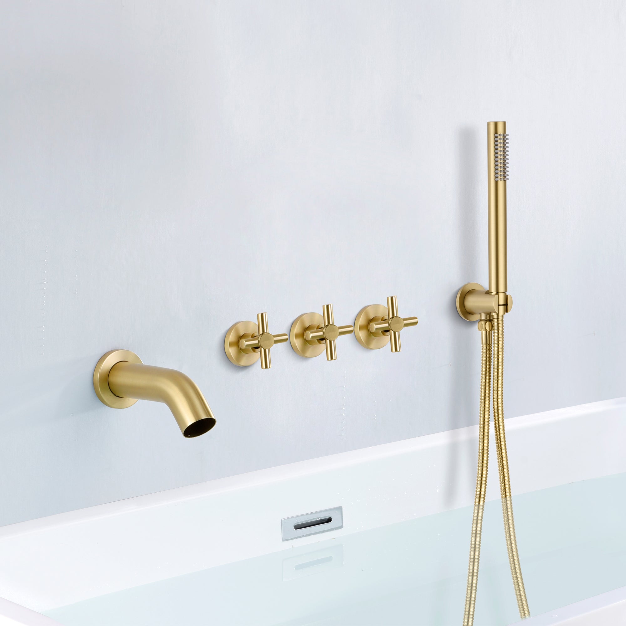 Brushed Gold Waterfall Wall Mount Tub Faucet with Hand Shower and Rough in Valve