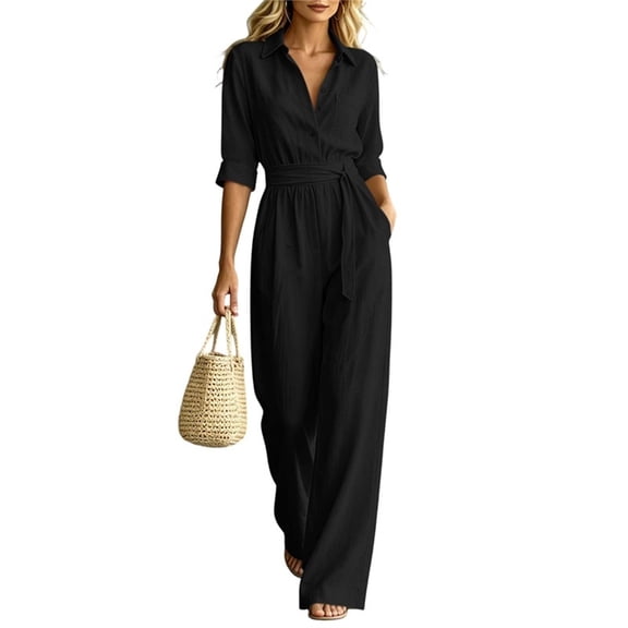 Wenini Women's Lapel Collar Button Cotton Linen Jumpsuit 3/4 Sleeve Wide Leg Solid Jumpsuit with Belted Waist
