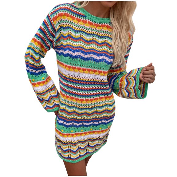 Fesfesfes Women Dress Comfortable Rainbow Stripes Long Sleeves Round-Neck Sweater Dress or