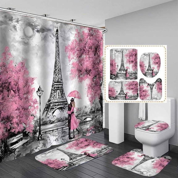 4PCS Eiffel Tower Shower Curtain Sets with Rugs, Waterproof Fabric Black White Shower Curtain, European France City Romantic Couple Pink Floral Tree Valentine's Day Modern Paris Bathroom Decor