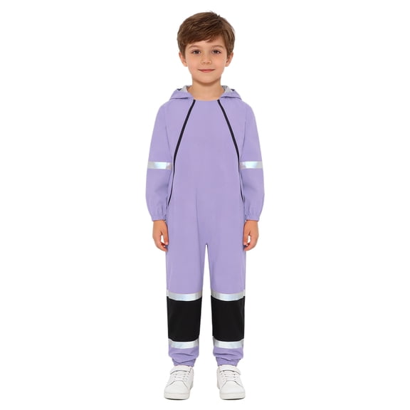 Eandarui Kids Boys Girls Rain Suit Muddy Buddy Waterproof Coverall One Piece Weather Resistant Color Block Raincoat Lavender 10