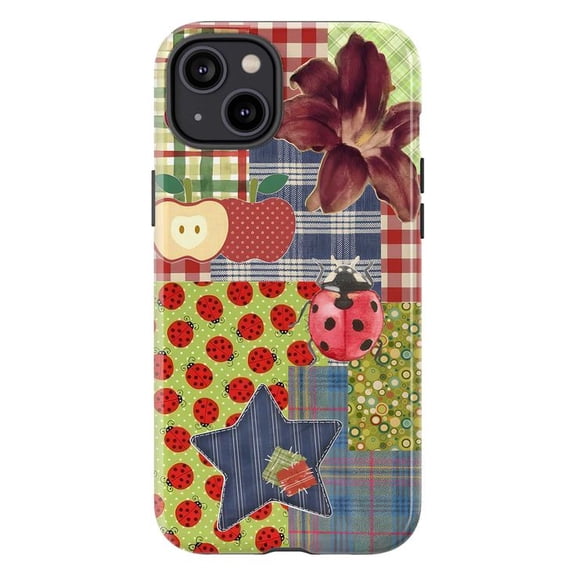 Whimsical Patchwork Phone Case, Ladybug Apple Flower Quilt Pattern iPhone Cover, Colorful Cottagecore Protective Case for iPhone 16 15 14 13 12 11 Plus Pro Max Mini