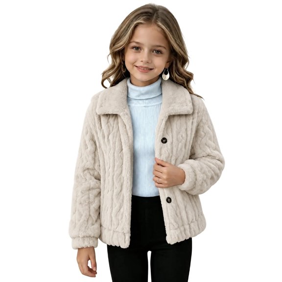 Cethrio Girls Fleece Jacket, Button Front Warm Long Sleeve Collared Winter Outerwear Size 10-12 Beige