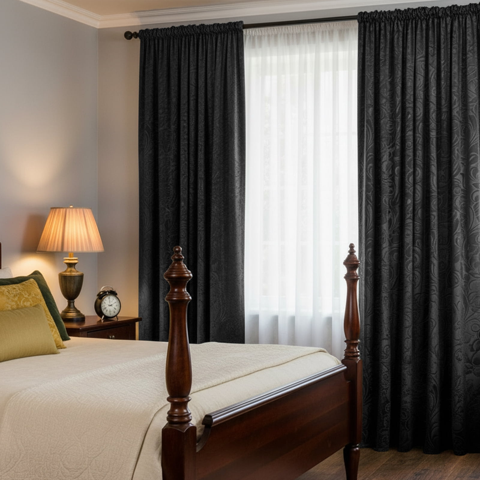 Lapalife Blackout Velvet Curtains, Scroll Floral Pattern Rod Pocket Thermal Insulated Velvet Curtain Drapes for Living Room, 2 Panels, 52"x 96", Black