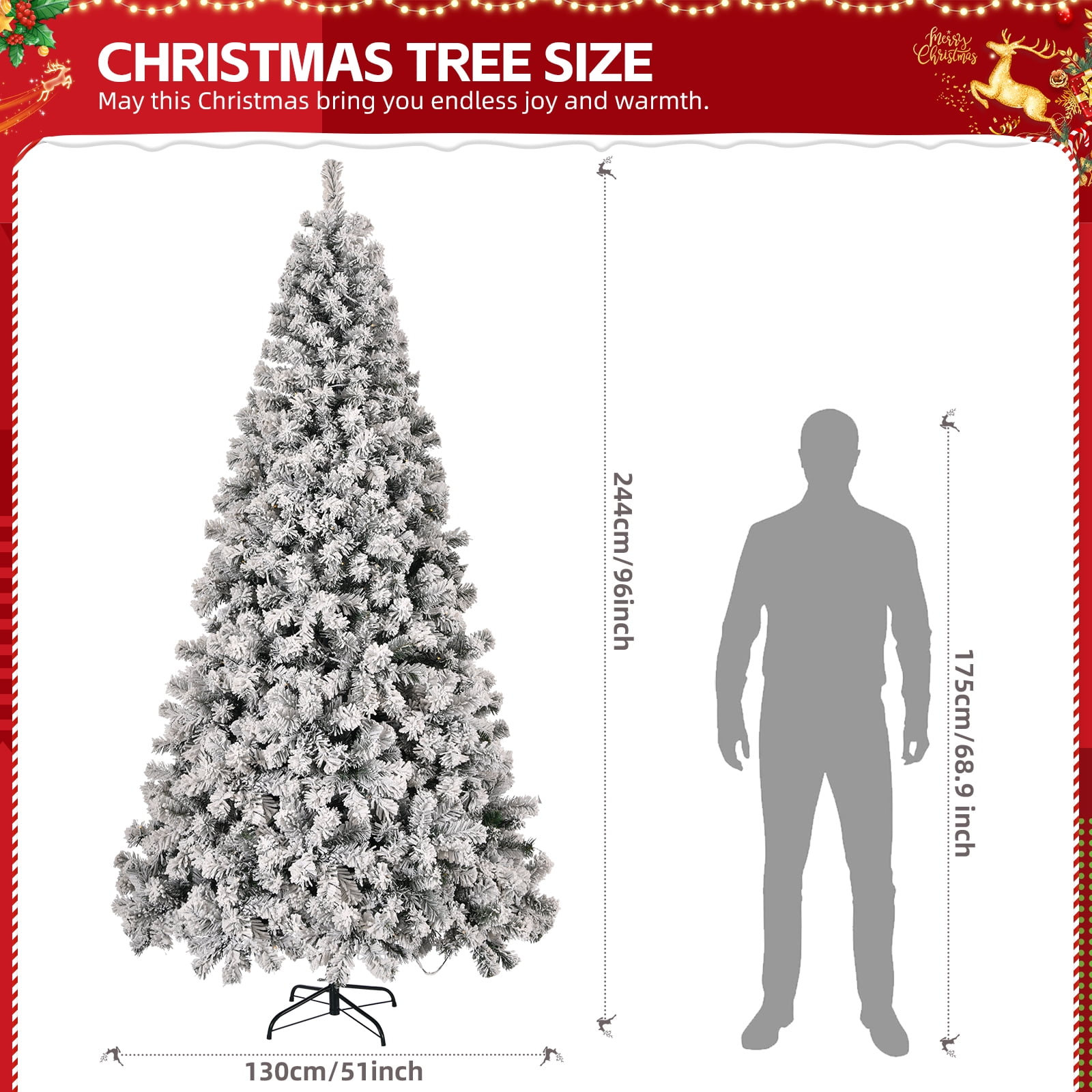 8 FT Snow-Flocked Pre-Lit Christmas Tree 1300 PVC Branch Tips 500 LEDs and Remote 11 Modes Stepless Dimming 3-Step Setup for Holiday Party Office Home Snowy Green