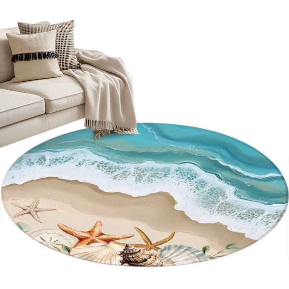 Coastal Beach Ocean Round Area Rug 4ft, Nautical Starfish Shells Conch Washable Non-Slip Circle Rugs for Bedroom Living Room Kitchen, Soft Non Shedding Circle Carpet for Dining Room Dorm
