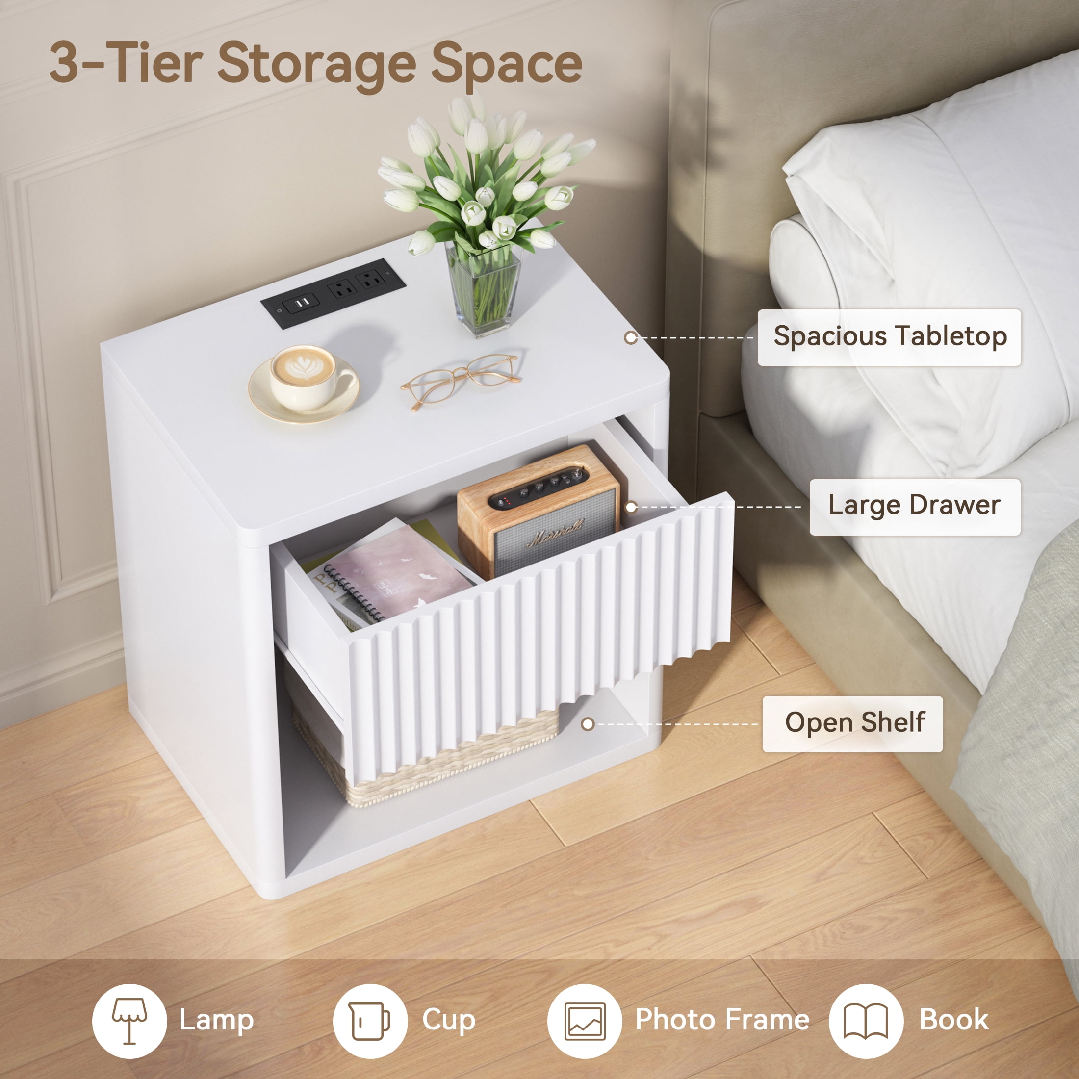 POLAHAKU Nightstand with Drawer USB Charging Station Storage Fluted Bed Side Table End Table Large Modern Wide Bedside Stand Mid Century for Bedroom Living Room Sofa Couch, White