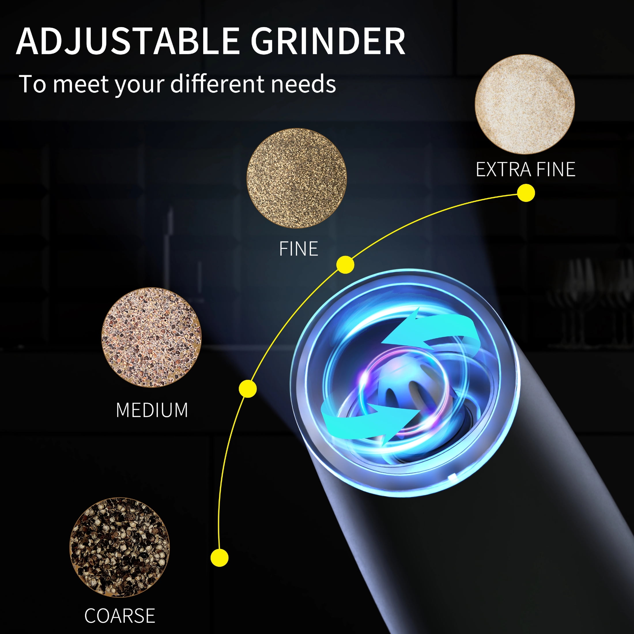 MSAS Electric Salt & Pepper Mill Grinder Shakers，Adjustable Coarseness Gravity LED Light USB Rechargeable, Black, 2 Pack