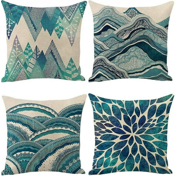 Shxx Set Of 4 Modern Teal Throw Pillow Covers 18x18 Inch Ocean Bohemia Decorative Couch Pillow Cases Sea Cotton Linen Case Tuquoise Coastal Cushion Co