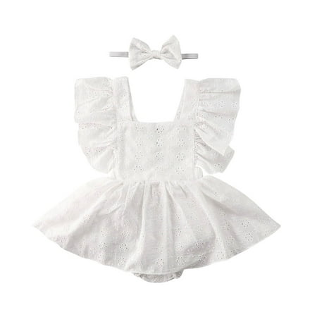 

Fanvereka Baby Girls Summer Ruffle Romper Sleeveless Lace Tutu Bodysuit Dress Bowknot Headband